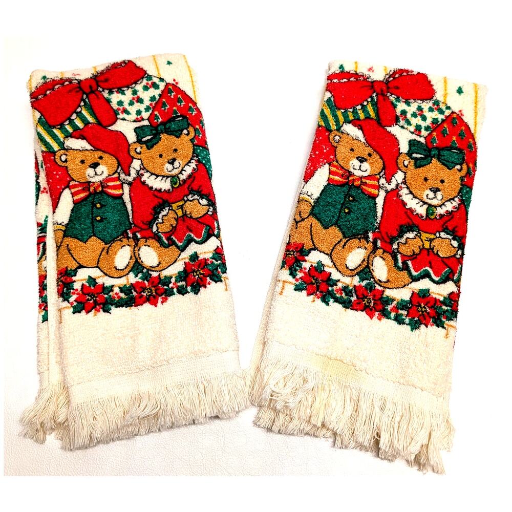 Vintage Cannon Christmas Bears Hand Towes Set of 2 Cotton Cream Red Green 25x16